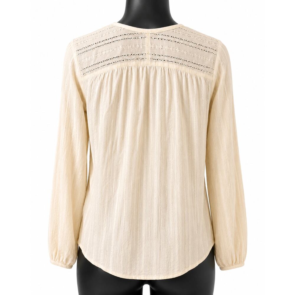 Lucky Brand Women’s L Beige Linen Blend Henley Blouse Crochet Embroidered Boho - Picture 6 of 6